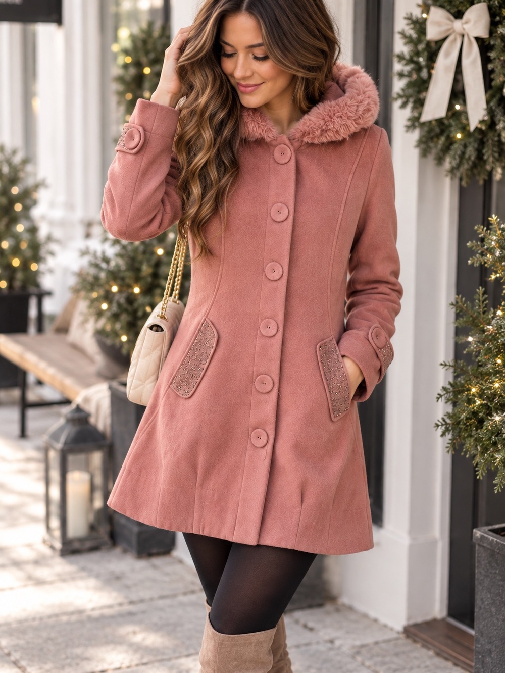 RebaYulin Dusty Rose Pink Faux Fur Hood Rhinestone Embellished Coat Size M